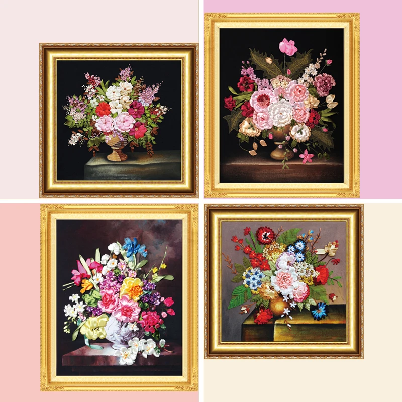 Diy 3d Flower Painting Easy Ribbon Embroidery For Beginner Cross Stitch Kit Canvas Paintings For Living Room Wall Sewing Art Embroidery Aliexpress
