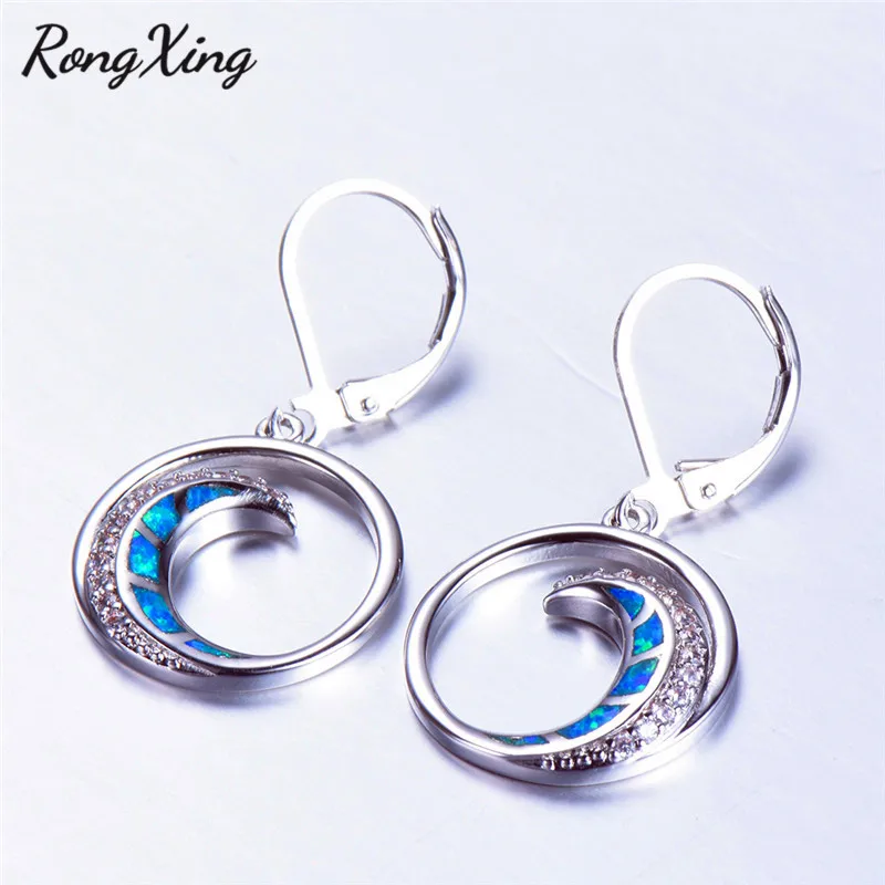 RongXing милые голубые/белые огненные опаловые серьги висюльки с Луной серебряного