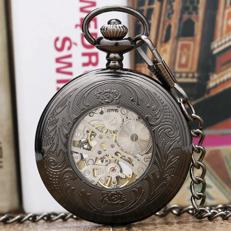 2018 New Arrival Black Mechanical Hand Wind Pocket Watch Unisex Hollow Blue Steampunk Rome Numbers Dial Pendent Necklace Gifts (9)