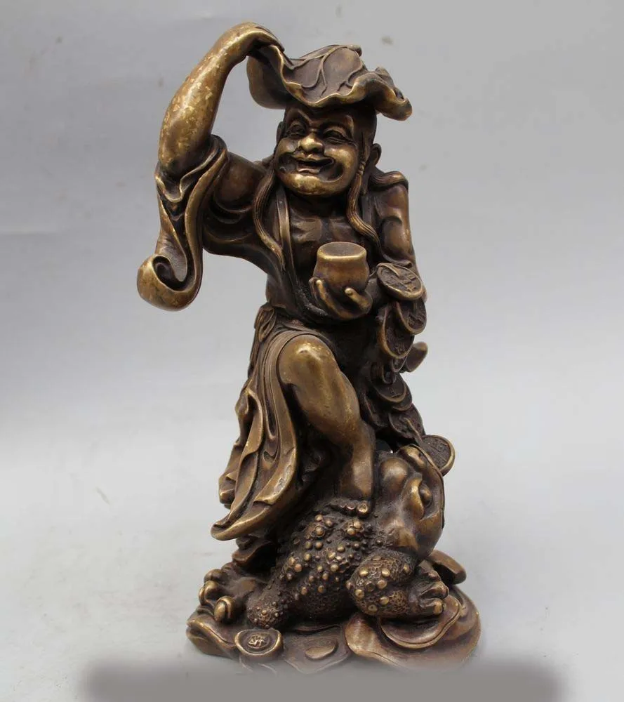 

8" Chinese Folk Copper Liu Hai God Play Golden Toad Spittor Money Coin Statue