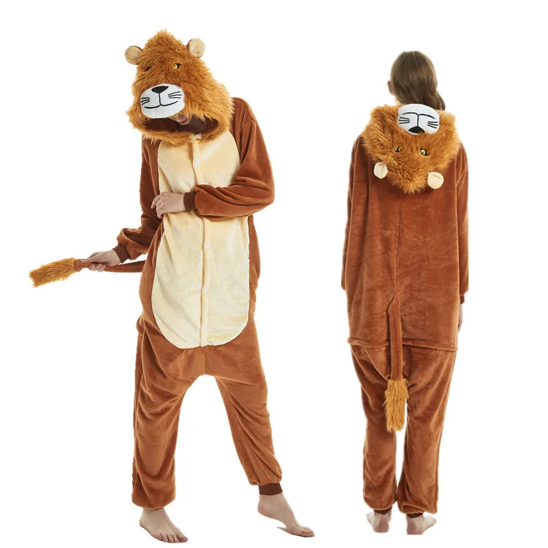 Кигуруми фланелевые пижамы в виде единорога для мужчин и женщин, Комбинезоны для взрослых, единорог, панда, Ститч, косплей, зимняя теплая одежда для сна с капюшоном - Цвет: lion