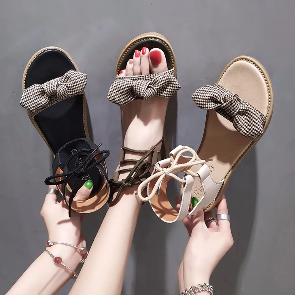 

YOUYEDIAN sandals women flats platform sandals women summer open toe Plaid bow flat sandals 2019 #w40