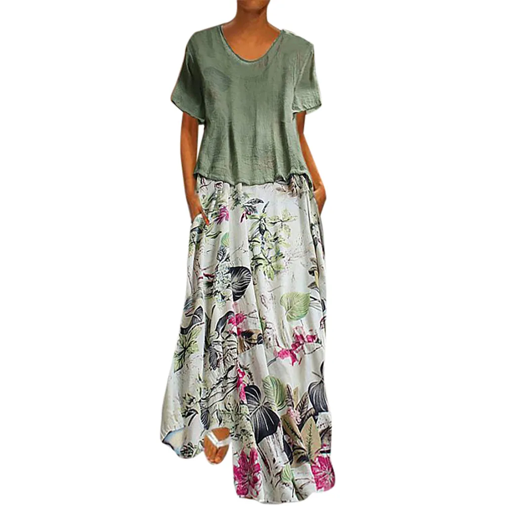 

JAYCOSIN 2019 New Fashion Women Vintage Print Patchwork O-Neck Two Pieces Plus Size Pockets Maxi Dress vestidos dropshipping 430
