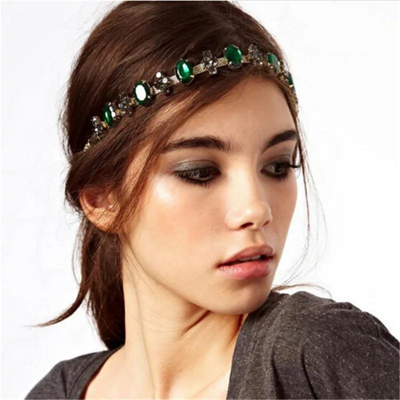 Hot Bright Emeral Crystal Headband Women Adjustable Elastic Headbands