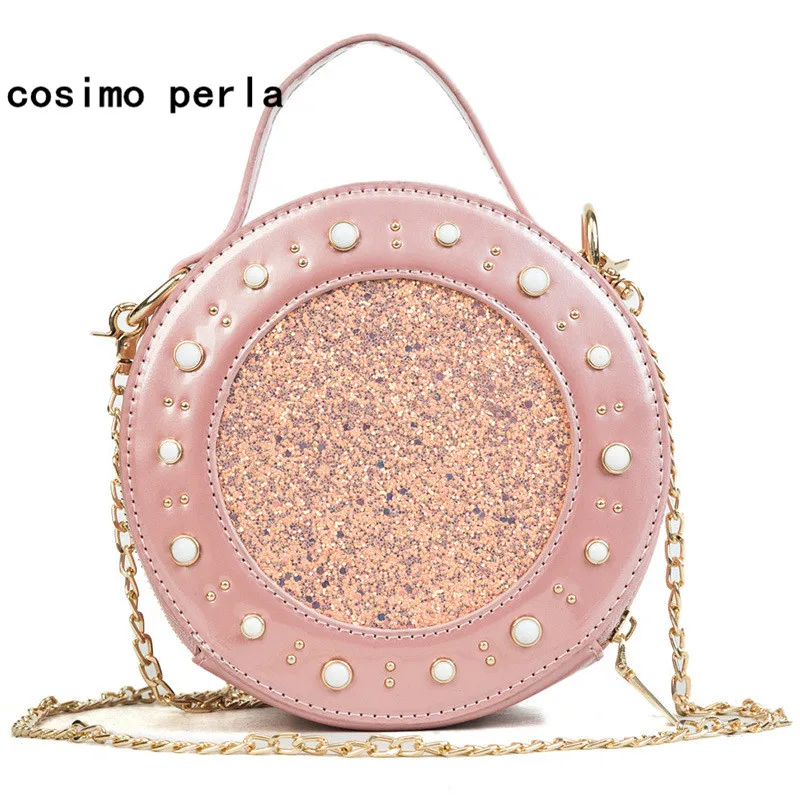 

Korea Lady Sequins Bags Mini Circular Patent Leather Pink Crossbody Bags for Women Flap Purse Rivet Small Round Tote Handbags