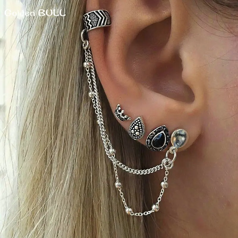 

4 pcs set Bohemian style Retro crown water drop fashion chain earrings for women ear bangle with chain set earrings Brincos 2019
