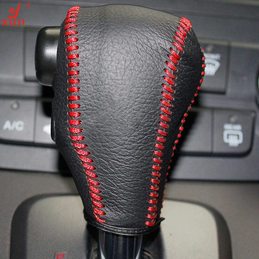 XUJI Black Genuine Leather DIY Hand stitched Car Gear Shift Knob Cover