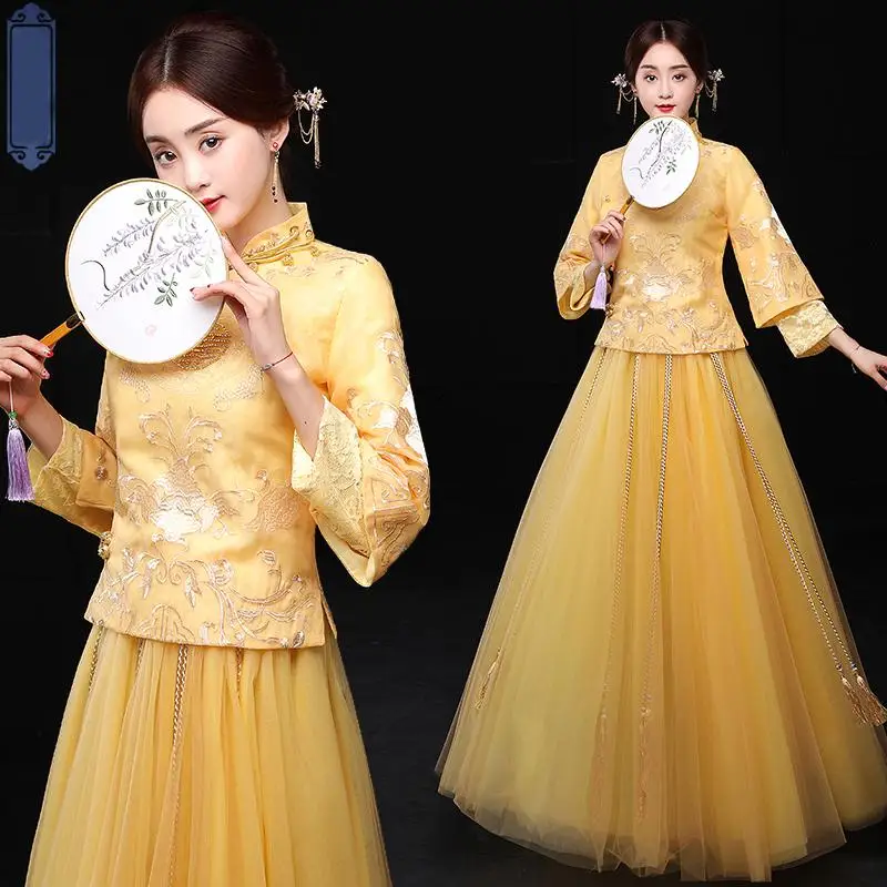 Китайский стиль, женское плиссированное платье Cheongsam, новинка, винтажный старинный свадебный костюм, праздничный костюм с воротником-стойкой и вышивкой