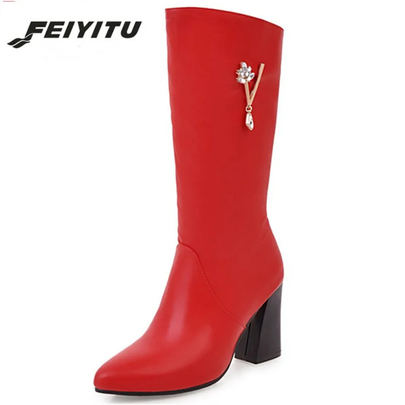 

Feiyitu fashion autumn winter new arrive women boots red black white pointed toe ladies boots crystal mid calf boots