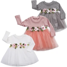 Платье для маленьких девочек розовые, серые, белые платья с длинными рукавами и цветочным рисунком г. Осеннее кружевное платье принцессы для выпускного вечера, платья из тюля для девочек