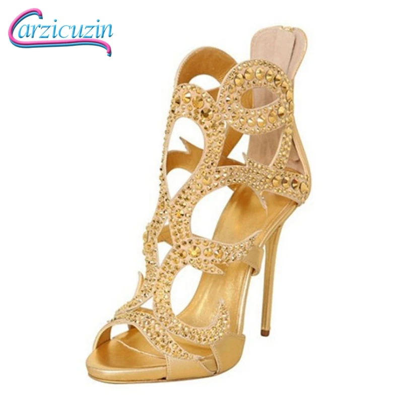 

CarziCuzin Size 34-45 Women High Heel Sandals Open Toe Rivets Zipper Bling Female Sandals Sexy Elegant Party Club Footwear