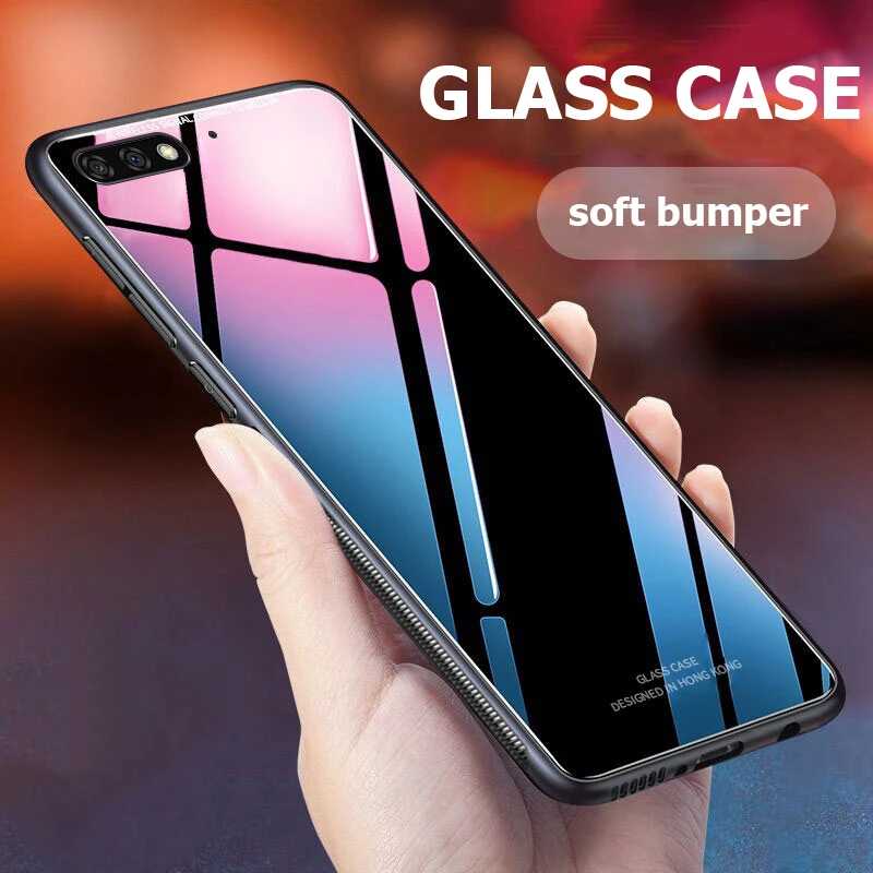 

For Huawei Y6 2018 Case Luxury Slim Fit Glossy Tempered Glass Silicone Frame Hard Cover For Huawei Y6 Prime 2018