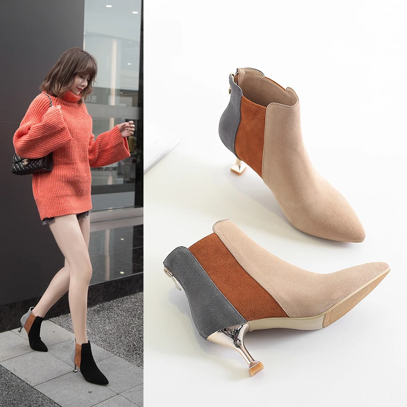 Новые зимние женские ботинки; коллекция года; модные удобные ботинки на высоком каблуке; пикантные женские теплые ботинки из флока на молнии с закрытым носком; mujer; v53