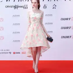 Кристалл Цзян 2018 с плеча 3D цветы Природные Талия короткое спереди длинное сзади сшитое Дешевые платья невесты