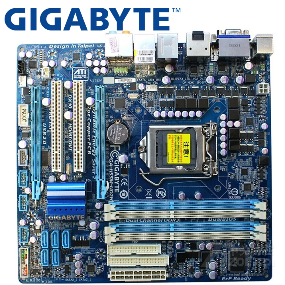Десктопная Материнская плата GIGABYTE H55 Socket LGA 1156 i3 i5 i7 DDR3 16G Micro ATX оригинальная б/у