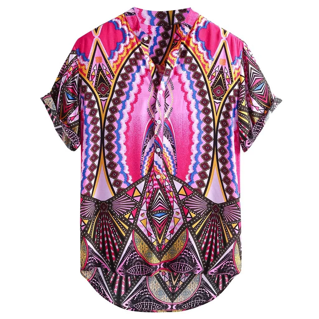 New Stylish Hauts pour hommes Mens Pure Cotton Colorful Printing Loose Stand Collar Pullover Short Sleeve Shirt Ropa de hombre