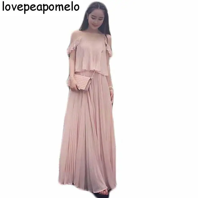 

2018 New Bohemian Summer Dress Strap Chiffon Pink Korean Loose Large yard Lotus Sleeve Women's Summer Dress D135