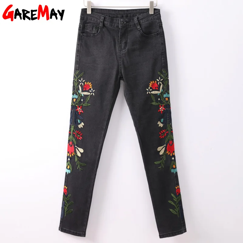 Garemay Stretch Women Jeans With Embroidery Capri Black High Waisted Jeans Plus Size Floral Pants Womens Denim Pants Woman Garemay Stretch Women Jeans With Embroidery Capri Black High Waisted Jeans Plus Size Floral Pants Womens Denim Pants Woman