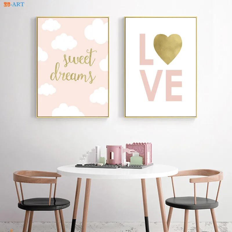 Pink Love Gold Foil Canvas Art Poster and Print Painting Nursery Wall Art Kids Room Decor Baby Girl Room Home Decoration