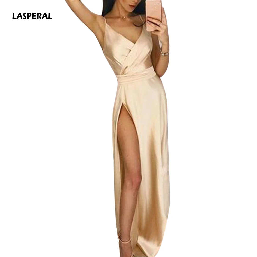 

LASPERAL Women Long Silk Dress Ladies V Neck Solid High Waist Party Dress 2019 New Summer Spaghetti Strap Sexy Split Maxi Dress