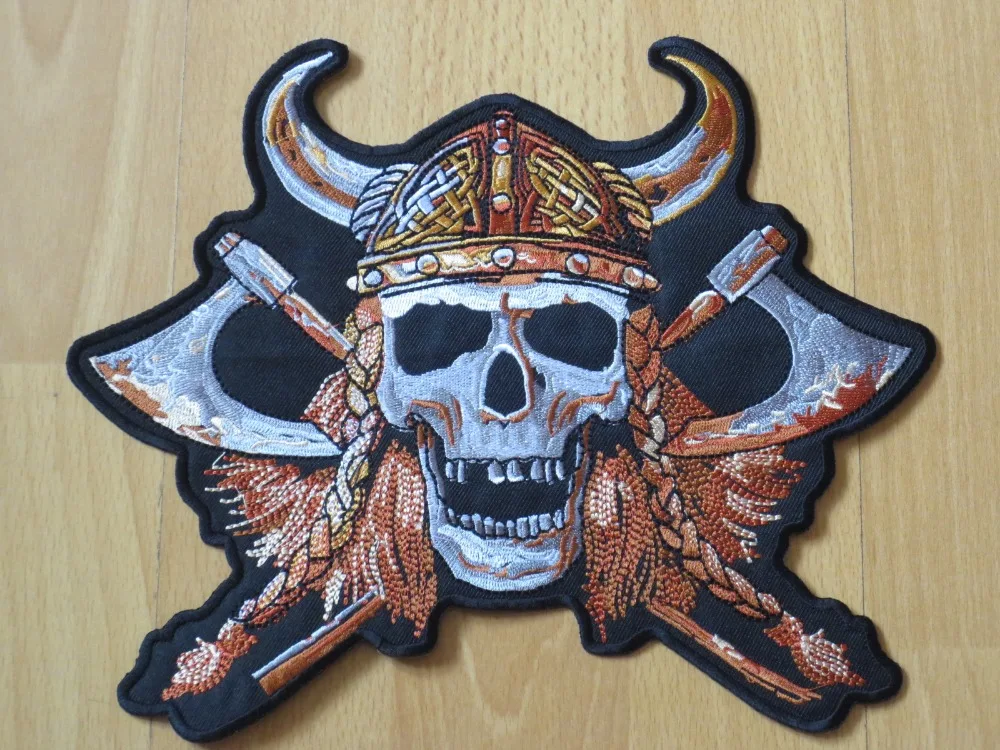 

Shouting Skeleton with Two ax Viking 9 inches large Embroidery Patches for Jacket Motorcycle Biker