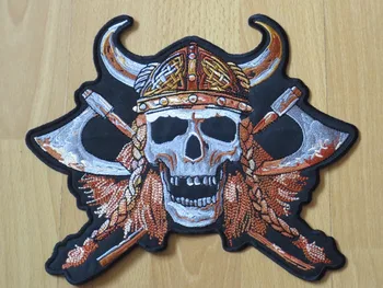 

Shouting Skeleton with Two ax Viking 9 inches large Embroidery Patches for Jacket Motorcycle Biker