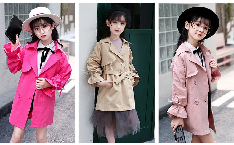 solid belt petal sleeve autumn coats kids clothes new 2018 autumn teenage girls long denim jackets children trench coat clothes  (15)