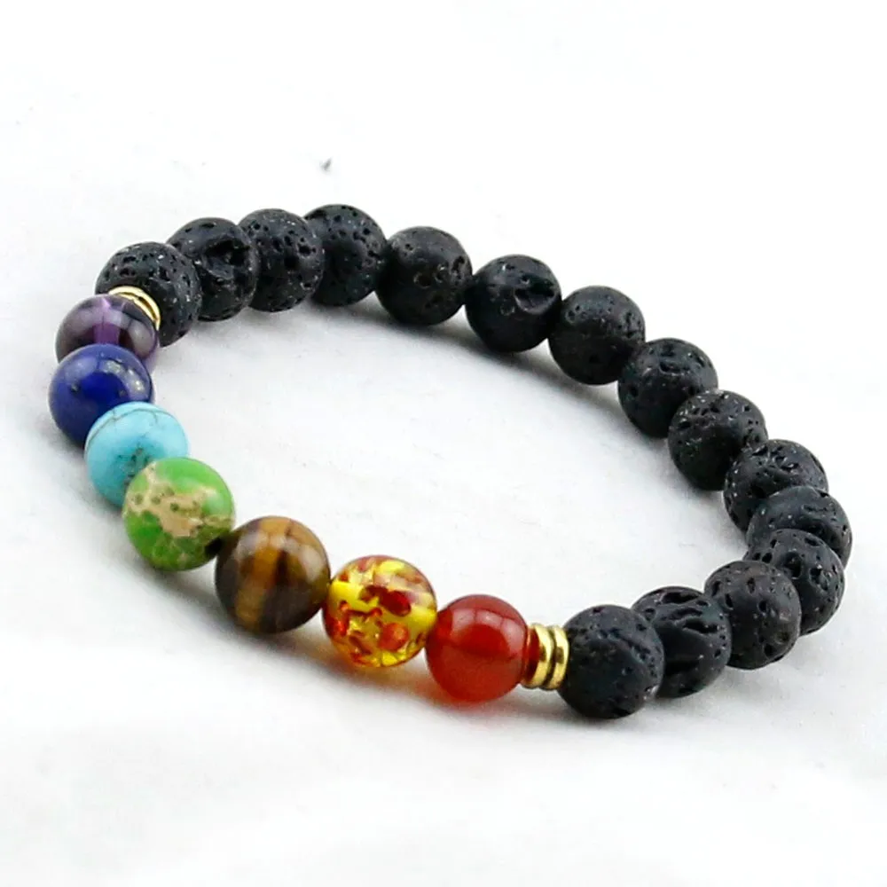 Разноцветные мужские браслеты из черной лавы, 7 чакр, исцеляющий баланс, браслет с бусинами для женщин, браслет рейки, молитва, Йога, браслет с камнями
