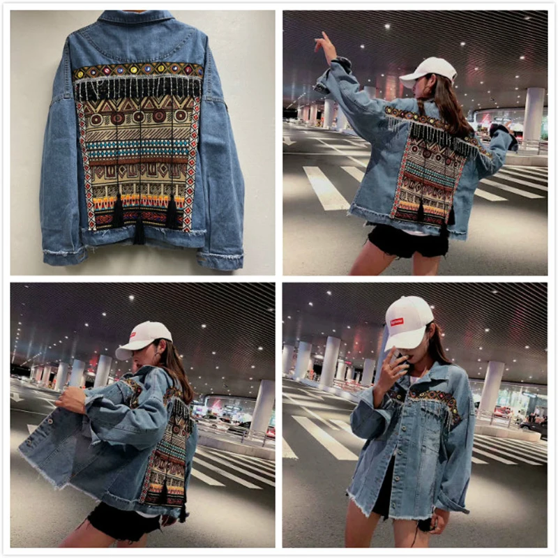 awesome Spring Vintage Denim Female Jacket Tassel Embroidery Coat Female Loose Long sleeve Jacket for women