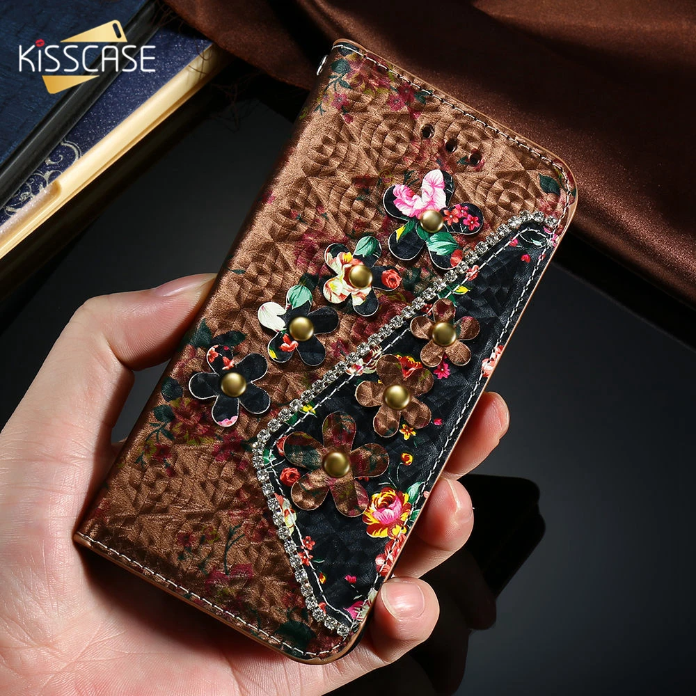 

KISSCASE Luxury Flower Flip Phone Case For iPhone 7 8 Plus Cases Diamond Card Slot Phone Cover For iPhone 6 6S Plus Coque Fundas