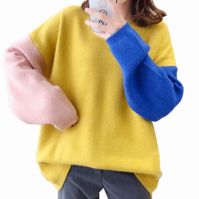

Fashion Women Autumn Pullover Sweaters Blue Yellow Gray Colour Block Patchwork Knitwear Female Loose Oversized Pullover Sweater