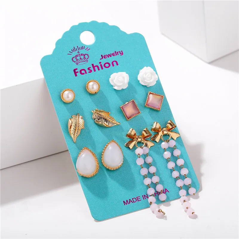 5 Kind Vintage Geometric Flower Stud Earrings Set For Women Girl Bohemian Heart Long Tassel Earring Resin Female Fashion Jewelry