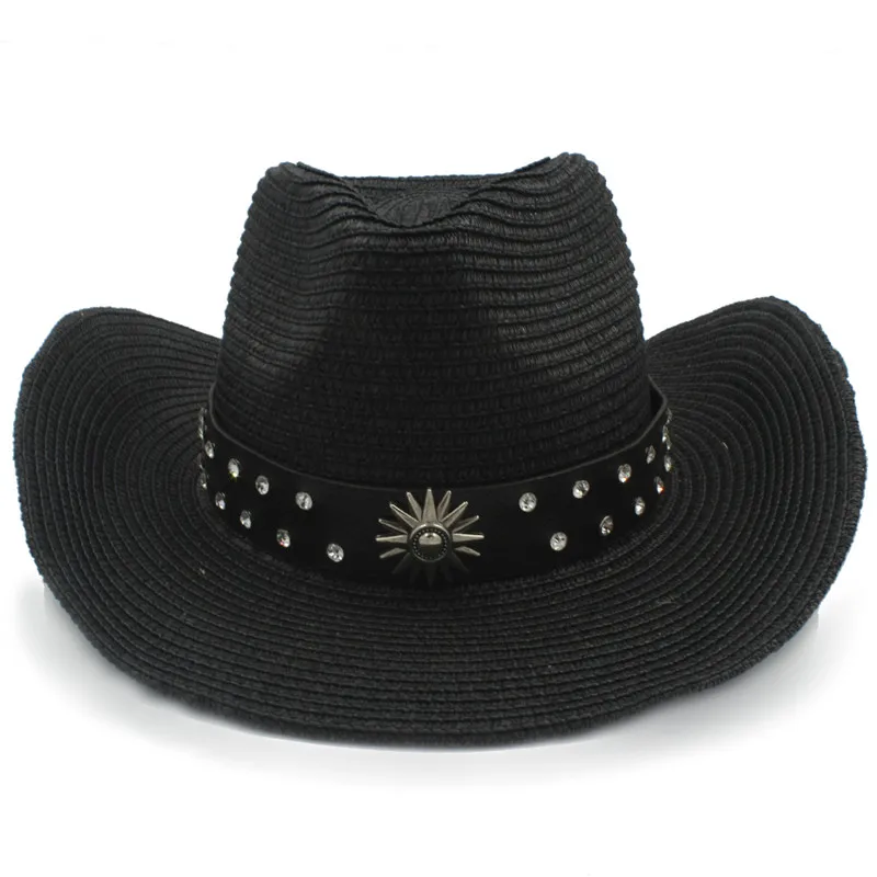 Соломенная западная ковбойская шляпа для женщин и мужчин, джаз, сомбреро, летняя Hombre, Женская Ковбойская шляпа с широкими полями, размер 56-58 см