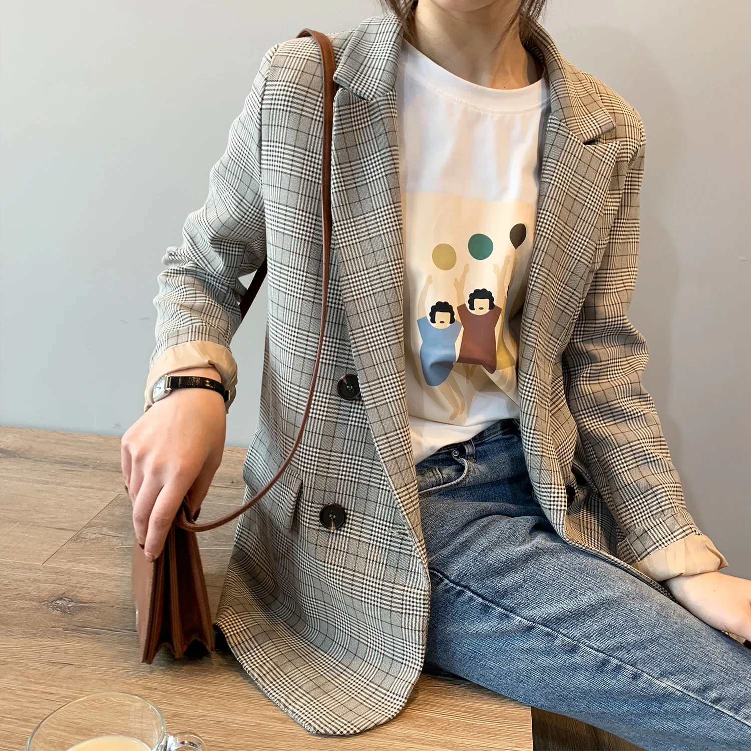 Корейский винтажный свободный клетчатый Блейзер двубортный с зубчатым воротником Женское пальто элегантный женский клетчатый блейзер