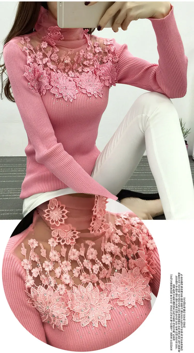Autumn Winter Sweater Women 2019 Flower Lace Jumper Pull Femm Pink Knitted Sweater Casual Turtleneck Long Sleeve Sueter Mujer (6)