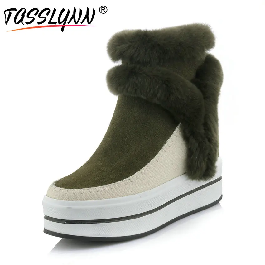 

TASSLYNN 2018 Warm Ankle Boots Women Cow Suede Fur Winter Casual Shoes Women Height Increasing Round Toe Snow Boots Size 34-39