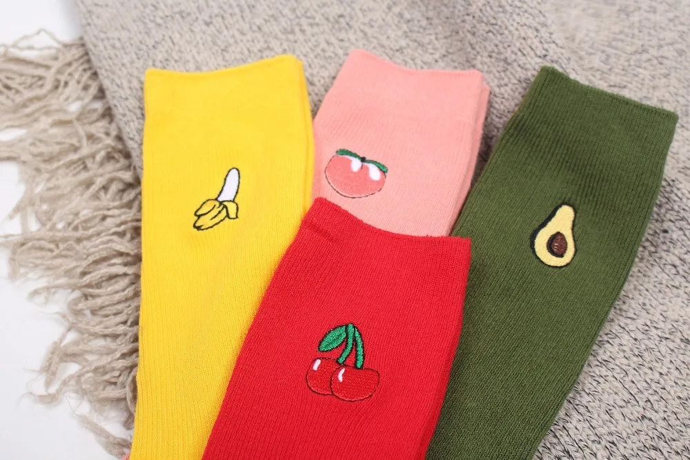 

Funny Cute Banana Cherry Avocado Fruit Pattern Women Girl Cotton Loose Crew Socks Summer Japan Harajuku Yellow Design Retro