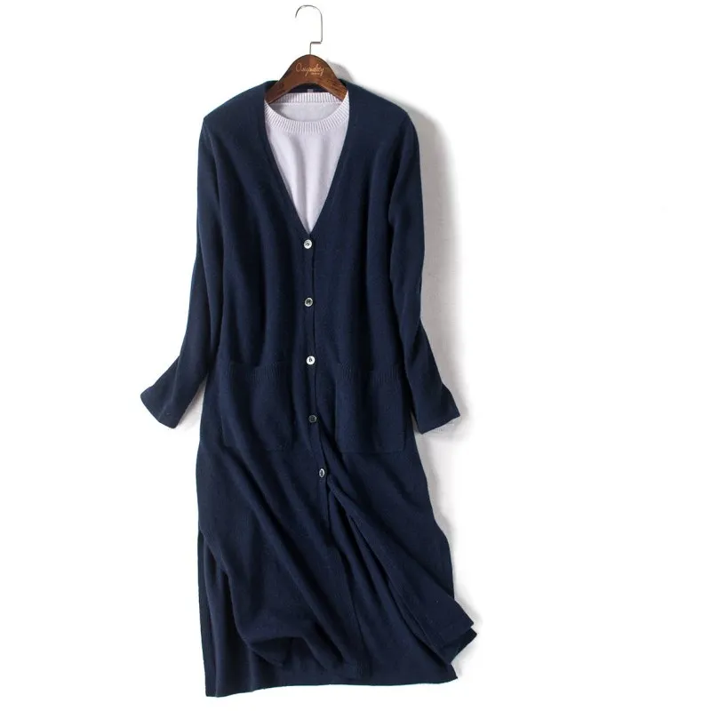 LHZSYY New Women Long Cardigan Double pocket Autumn and Winter Cashmere Sweater knitting Large size Wool Cardigan Slim Wild Coat