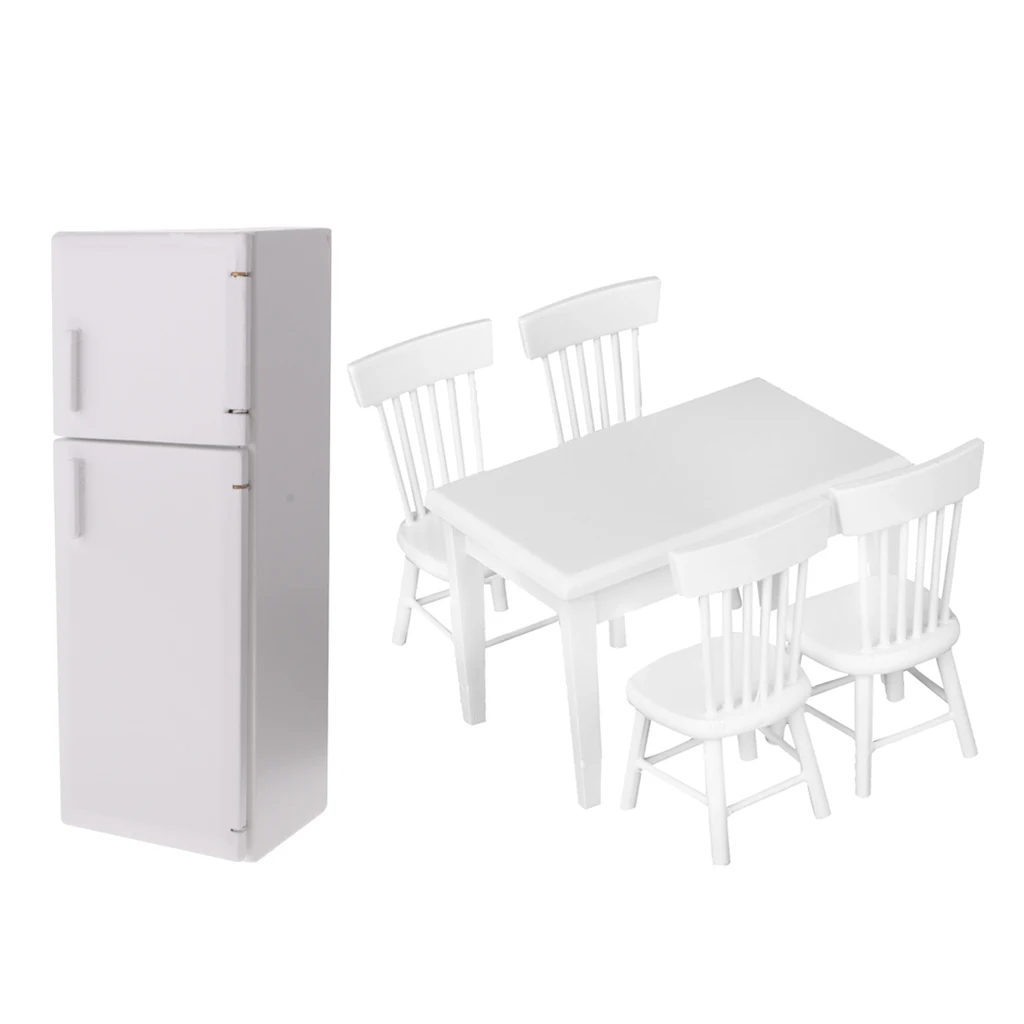 1/12 Dollhouse Modern Sense Kitchen Decor Refrigerator & White 5pcs Table Chair Set Accessories