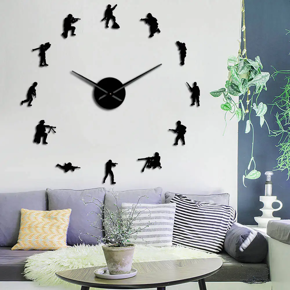 

Military Soldiers Silhouette DIY Wall Clock Army Hero Frameless Big Time Clock With Mirror Effect Stickers Patriotic Theme