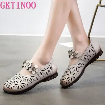 

2020 New Flowers Women Sandals Genuine Leather Flat Sandals Female Retro Soft Outsole Single Shoes Summer Flat Women Shoes