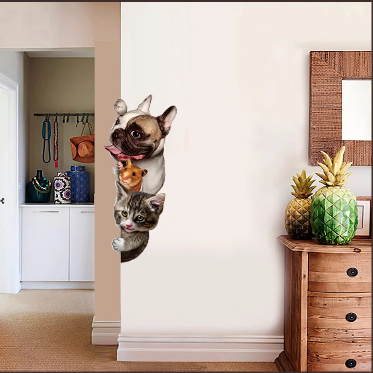 Us 2 87 40 Off Cute Funny 3d Animal Cat Dog Door Wall Stickers Removable Sitting Room Porch Bedroom Wall Decals Animals Mural Art Wallpaper In