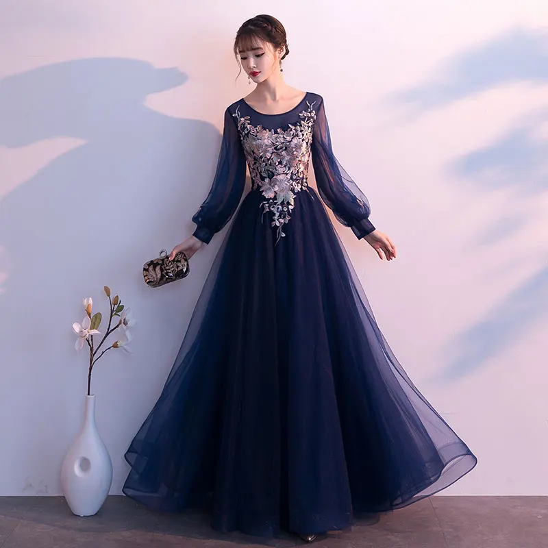 navy blue Темно-синие вечерние платья с длинными рукавами размера плюс, новинка, роскошное бальное платье с аппликацией, длинное фатиновое торжественное платье - Цвет: navy blue