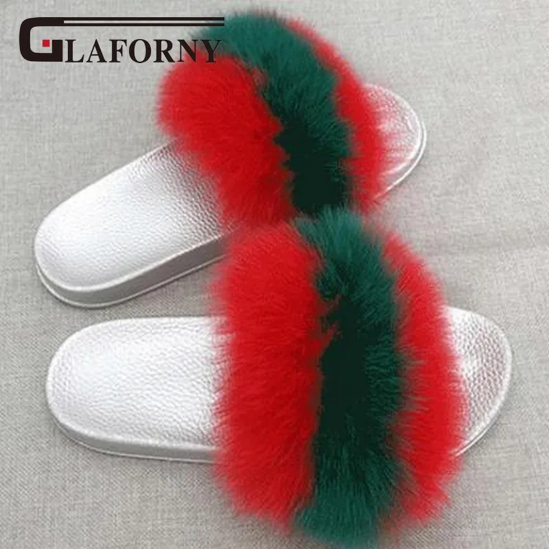 Glaforny/Новое поступление года; женские летние тапочки с лисьим мехом; домашние сандалии на меху; очень роскошные шлепанцы на натуральном меху; серебристая подошва; - Цвет: red green