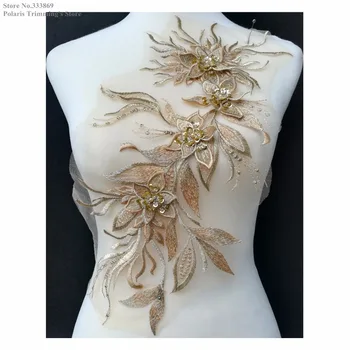 

New Handmade Dark Yellow Sequined Beaded 3D Flower Embroidery Lace Appliques Collars Patches Neckline Sewing DIY Crafts PBNC148I