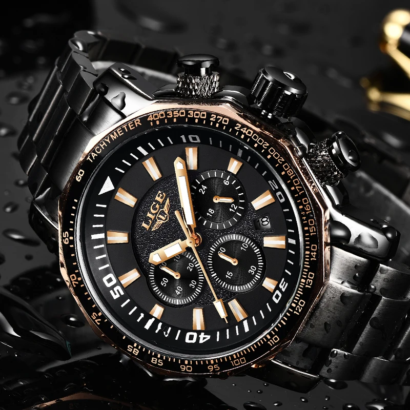 

LIGE Top Luxury Brand Mens Sprot Quartz Watch Business Big Dial Fashion Casual Waterproof Full Steel Black Watches Male Clock