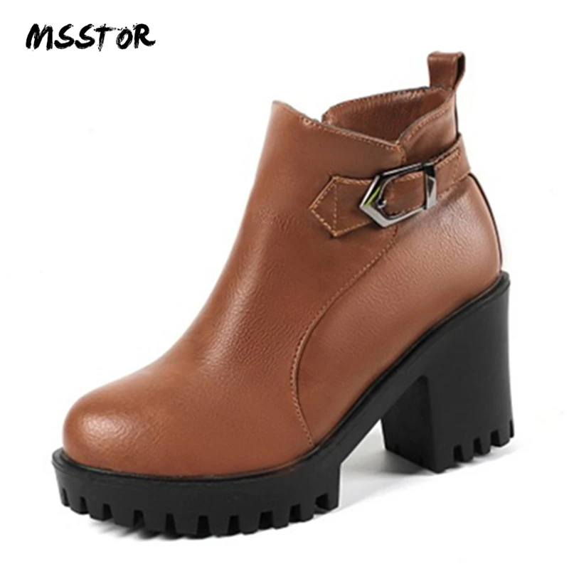 MSSTOR Casual Buckle Strap Winter Boots Women 2018 Plush Black Elegant Booties Zipper Platform Round Toe Heels 8.5CM | Обувь
