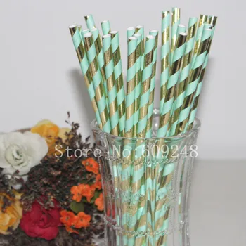 

100pcs Mint and Gold Foil Striped Paper Straws,Vintage Wedding Birthday Holiday Party Decor,Craft Retro Mason Jar Straws Bulk