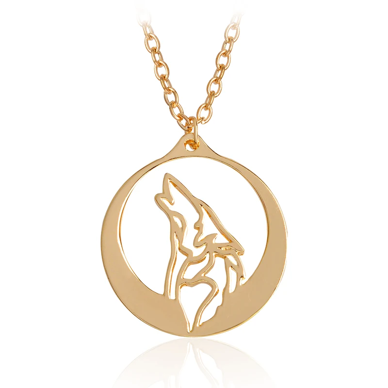 Howling Wolf With Silver Moon Pendant Necklace Gold Ethnic Animal Necklaces Men Boy Friend Simple Fashion Jewelry