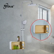 YiDLon Shower Faucet Brass Chrome Wall Mounted Bathtub Faucet Rain Shower Head Square Handheld Slid Bar Bathroom Mixer Tap Set chrome bathroom shower faucet set simple rain shower set brass tub mixer faucet wall mounted tap with storage shelf hooks